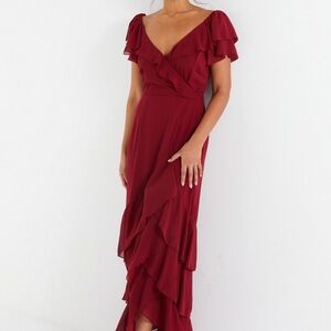 Chic Asymmetrical Burgundy Dress with Ruffles
